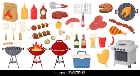 Elementi per barbecue da festa. Carne e ingredienti alla griglia. Picnic con barbecue. Cucinare a fuoco aperto. Salsa di peperoncino e ketchup. Salsicce e pezzetti di pesce arrostiti. Griglia Illustrazione Vettoriale