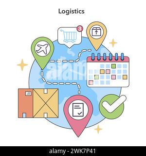 Rete logistica globale. Gestione coordinata dei trasporti aerei, terrestri e marittimi, con pianificazione del calendario per consegne tempestive. Connettività della catena di fornitura in tutto il mondo. Illustrazione vettoriale piatta Illustrazione Vettoriale