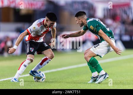 Buenos Aires, Argentina. 18 febbraio 2024. Franco Mastantuono del River Plate durante la partita della Liga Profesional de Fútbol tra il River Plate e il Club Atlético Banfield allo Stadio Monumentale Mâs. Crediti: Mateo occhi (Sporteo) / Alamy Live News Foto Stock