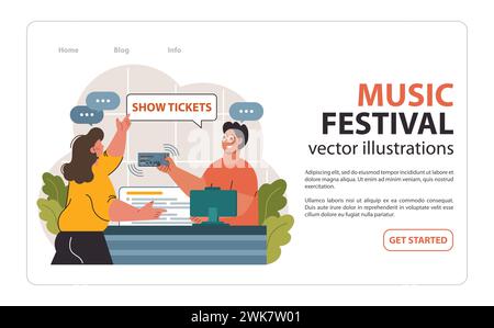 Un appassionato di concerti che acquista biglietti per il festival musicale da un allegro venditore, anticipazione ed eccitazione palpabili nel loro scambio. Illustrazione vettoriale piatta Illustrazione Vettoriale