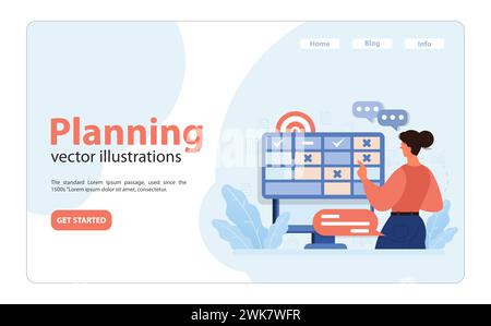 Concetto di pianificazione. Donna che imposta i compiti sul calendario, organizza il programma verso l'obiettivo. Gestione del tempo. Preparazione strategica. Raggiungimento degli obiettivi. Illustrazione vettoriale piatta Illustrazione Vettoriale
