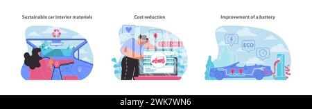 Trio di auto elettriche. Interni ecocompatibili, efficienza dei costi e tecnologia delle batterie. Il futuro dell'automobilismo sostenibile. Illustrazione vettoriale piatta. Illustrazione Vettoriale