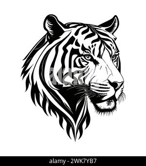Disegno in linea bianco e nero della testa di tigre. Illustrazione Vettoriale