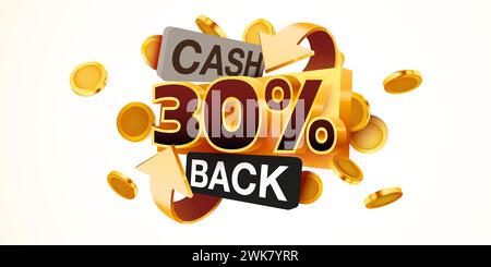 Icona di cashback al 30% isolata sullo sfondo grigio. Etichetta di rimborso o di rimborso. Illustrazione vettoriale Illustrazione Vettoriale