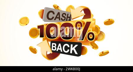 Icona di cashback al 100% isolata sullo sfondo grigio. Etichetta di rimborso o di rimborso. Illustrazione vettoriale Illustrazione Vettoriale