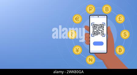 Mano che tiene in mano uno smartphone con codice QR e valute internazionali: Trasferimento di denaro, cambio valuta e pagamenti, banner con spazio di copia Illustrazione Vettoriale