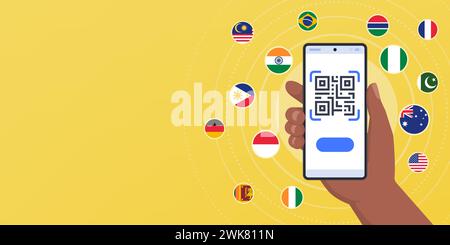 Mano con uno smartphone con codice QR e bandiere internazionali: Pagamenti, trasferimento di denaro e cambio valuta Illustrazione Vettoriale