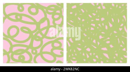 Set di motivi senza cuciture con linee di curlicue astratte e libere in colori pastello di base. Linee di scrittura ondulate e audaci. Stampa strizzatura astratta. Sfondo ingenuo e giocoso. Disegno Doodle, illustrazione vettoriale. Illustrazione Vettoriale