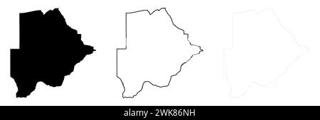 Silhouette country del Botswana. Set di 3 mappe dettagliate alte. Silhouette nera piena, contorno nero spesso e contorno nero sottile. Illustrazione vettoriale isolata su sfondo bianco. Illustrazione Vettoriale