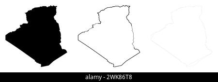Profilo del paese dell'Algeria. Set di 3 mappe dettagliate alte. Silhouette nera piena, contorno nero spesso e contorno nero sottile. Illustrazione vettoriale isolata su sfondo bianco. Illustrazione Vettoriale