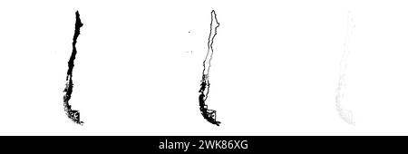 Silhouette del paese del Cile. Set di 3 mappe dettagliate alte. Silhouette nera piena, contorno nero spesso e contorno nero sottile. Illustrazione vettoriale isolata su sfondo bianco. Illustrazione Vettoriale