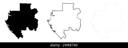 Silhouette di campagna del Gabon. Set di 3 mappe dettagliate alte. Silhouette nera piena, contorno nero spesso e contorno nero sottile. Illustrazione vettoriale isolata su sfondo bianco. Illustrazione Vettoriale