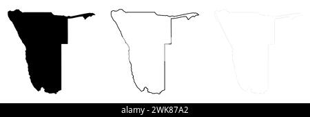 Silhouette della Namibia. Set di 3 mappe dettagliate alte. Silhouette nera piena, contorno nero spesso e contorno nero sottile. Illustrazione vettoriale isolata su sfondo bianco. Illustrazione Vettoriale