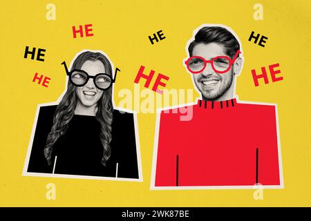 Collage fotografico di due giovani amici che ridono e scherzano quando guardano come i loro occhiali da vista distorcono i volti isolati su sfondo giallo Foto Stock