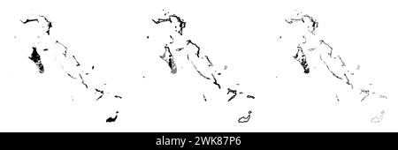 Profilo di campagna delle Bahamas. Set di 3 mappe dettagliate alte. Silhouette nera piena, contorno nero spesso e contorno nero sottile. Illustrazione vettoriale isolata su sfondo bianco. Illustrazione Vettoriale