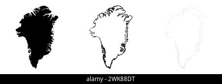 Profilo della Groenlandia. Set di 3 mappe dettagliate alte. Silhouette nera piena, contorno nero spesso e contorno nero sottile. Illustrazione vettoriale isolata su sfondo bianco. Illustrazione Vettoriale