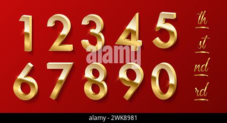 Numeri dorati 3D con glitter, lussuoso carattere dorato con scintillanti su sfondo rosso Illustrazione Vettoriale