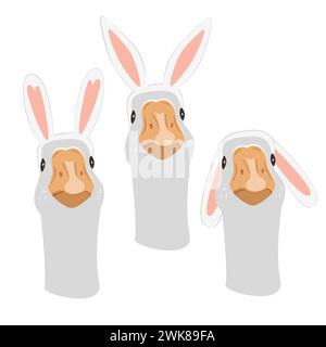 Set di adorabili oca con orecchie da coniglietto pasquale. Illustrazione vettoriale isolata su sfondo bianco. Illustrazione Vettoriale
