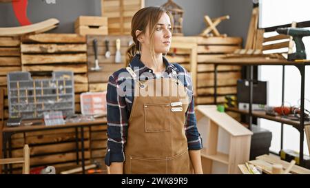 La giovane e seria falegnameria bionda si erge in alto nello studio di falegnameria, portando bellezza e professionalità nell'industria della lavorazione del legno Foto Stock