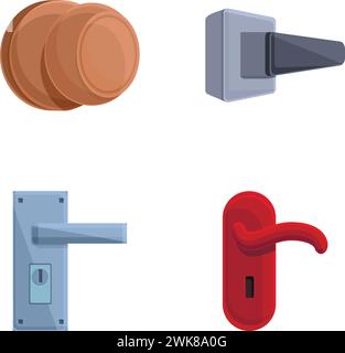 Le icone delle maniglie delle portiere impostano il vettore dei cartoni animati. Maniglia per porta di ingresso e interna. Elemento interno Illustrazione Vettoriale