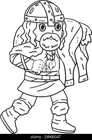 Viking with Hunt Isolated Coloring Page for Kids Illustrazione Vettoriale