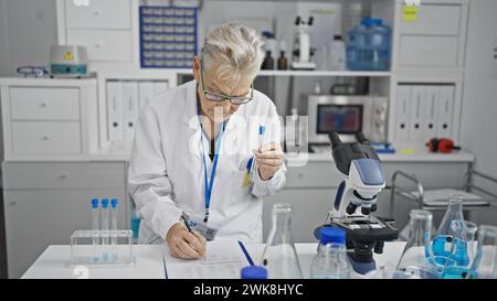 Scienziata donna anziana dai capelli grigi che tiene la provetta per il test prendendo appunti in laboratorio Foto Stock