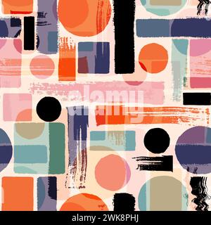 Sfondo con motivo senza cuciture per arte contemporanea. Forme geometriche grunge astratte. Rosa, nero, blu, cerchi arancioni, rettangoli, testo quadrato Foto Stock