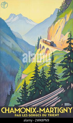 Poster di viaggio in treno francese d'epoca per Chamonix - Martigny Par les Gorges du Trient, che mostra il treno che si snoda tra le montagne delle Alpi di Roger Broders Foto Stock