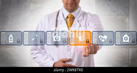Medico irriconoscibile che accede alle cartelle cliniche di una paziente femminile scegliendo un blocco sicuro in una blockchain medica. Concetto IT per il settore sanitario per d Foto Stock