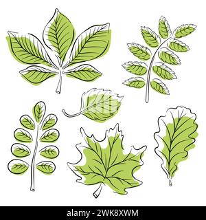 Set di lamelle in stile line art. Design minimalista di piante semplici di foglie d'albero. Logo natura disegnato a mano. Illustrazione vettoriale isolata su un bianco Illustrazione Vettoriale