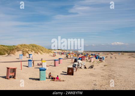 Persone con sedie a sdraio e tende sulla spiaggia meridionale dell'isola della Frisia orientale di Borkum, bassa Sassonia, Germania Foto Stock