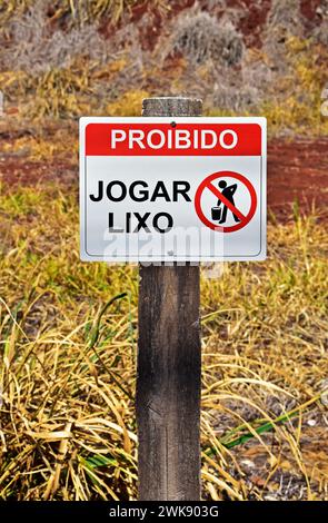 Cartello segnaletico in portoghese con indicazione "No Litter", Ribeirao Preto, San Paolo, Brasile Foto Stock