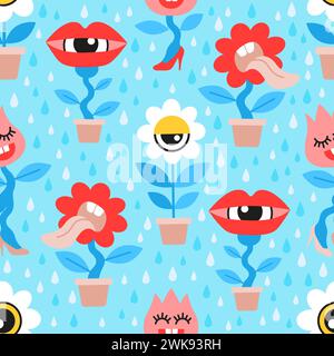 Fantasia perfetta di piante d'appartamento pazze in stile cartoni animati piatto. Fiori vettoriali disegnati a mano su sfondo blu Illustrazione Vettoriale