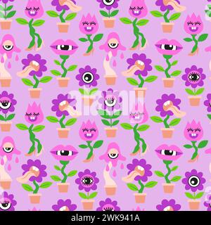 Struttura senza cuciture delle piante domestiche. Pazza discoteca con fiori rosa e viola in stile cartoni animati piatto su sfondo viola Illustrazione Vettoriale