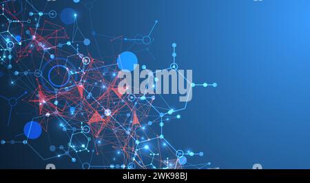 Contesto astratto su un tema scientifico e tecnologico. Immagine di esagoni su sfondo blu scuro con effetto plesso di colore. Veicolo disegnato a mano Illustrazione Vettoriale