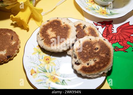 Festeggiamenti per il giorno di St Davids, tè d'epoca, torte gallesi e lanugine Foto Stock