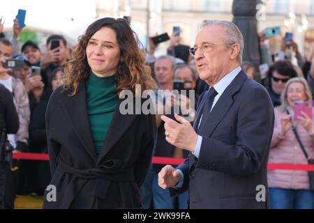 Florentino Perez e Isabel Diaz Ayuso, prima di ricevere la squadra del Real Madrid, il management e lo staff di allenatori, al Real Casa de Correos, il 19 febbraio 2024 a Madrid, Spagna. (Foto di Oscar Gonzalez/Sipa USA) (foto di Oscar Gonzalez/Sipa USA) Foto Stock