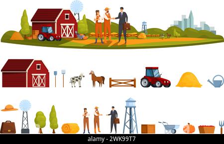 Le icone Farmer Shake Hand impostano il vettore dei cartoni animati. Terreni agricoli di campagna. Attività agricole Illustrazione Vettoriale