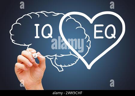 Mano disegnando un concetto di cuore e cervello sul quoziente EQ di intelligenza emotiva e IQ. Foto Stock