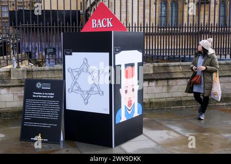 House of Parliament, Londra, Regno Unito. 19 febbraio 2024. Mostra d'arte ispirata all'attacco di Hamas contro Israele del 7 ottobre. Crediti: Matthew Chattle/Alamy Live News Foto Stock