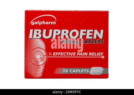 Galpharm ibuprofen caplets 200mg farmaci efficaci per alleviare il dolore compresse isolato su sfondo bianco Foto Stock
