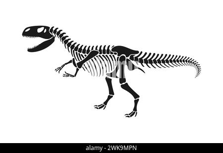 Scheletro di dinosauro isolato fossile o ossa di dinosauro del Giurassico, impronta vettoriale. Archeologia dei dinosauri scheletro fossile di lucertola rettile estinta, T-rex Tyrannosaurus o Velociraptor Dino Bones silhouette Illustrazione Vettoriale