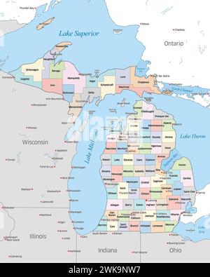 Mappa che mostra le varie contee che compongono lo stato del Michigan, situate negli Stati Uniti Foto Stock