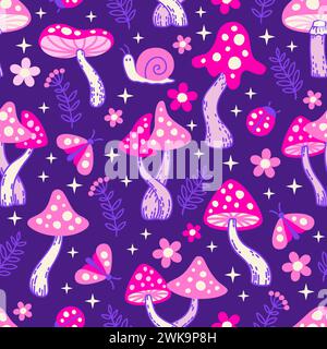 Motivo vettoriale senza cuciture di funghi amanita viola al neon di notte. Funghi eleganti in rosa neon e viola su sfondo scuro Illustrazione Vettoriale