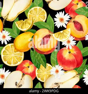 Motivo senza cuciture acquerello. Frutti maturi: Pesche, nettarine, metà di pere, limoni, pezzi di frutta, camomilla, foglie dipinte a mano con acquerelli. Foto Stock