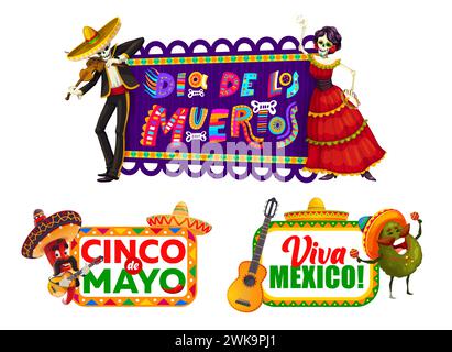 Striscioni messicani con caratteri nazionali per Cinco De Mayo e dia De Los Muertos, auguri vettoriali. Musicista mariachi messicano in sombrero, Catrina calavera e divertente peperoncino con chitarra Illustrazione Vettoriale