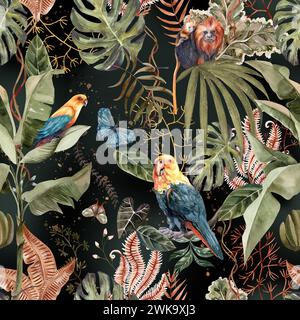 Motivo senza cuciture di splendide foglie tropicali su uno sfondo scuro con rami dorati. Disegnare per il design di souvenir, cartoline, poster e io Foto Stock