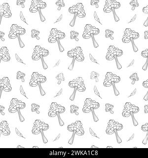 Motivo senza cuciture di funghi mistici con piume. Disegni a linee disegnati a mano. Carta da imballaggio Magic Vector Pattern su sfondo bianco Illustrazione Vettoriale