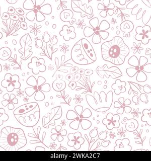 Motivo floreale senza cuciture in stile doodle. Grazioso motivo floreale senza cuciture con fiori line art isolati su sfondo bianco. Illustrazione vettoriale. Illustrazione Vettoriale