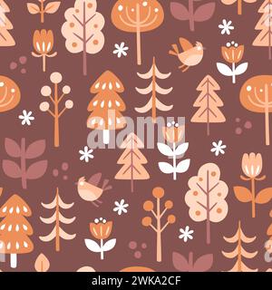 Motivo scandinavo dalle tonalità calde. Fiori, alberi e uccelli isolati su sfondo marrone. Ripetizione senza giunture. Illustrazione vettoriale. Illustrazione Vettoriale